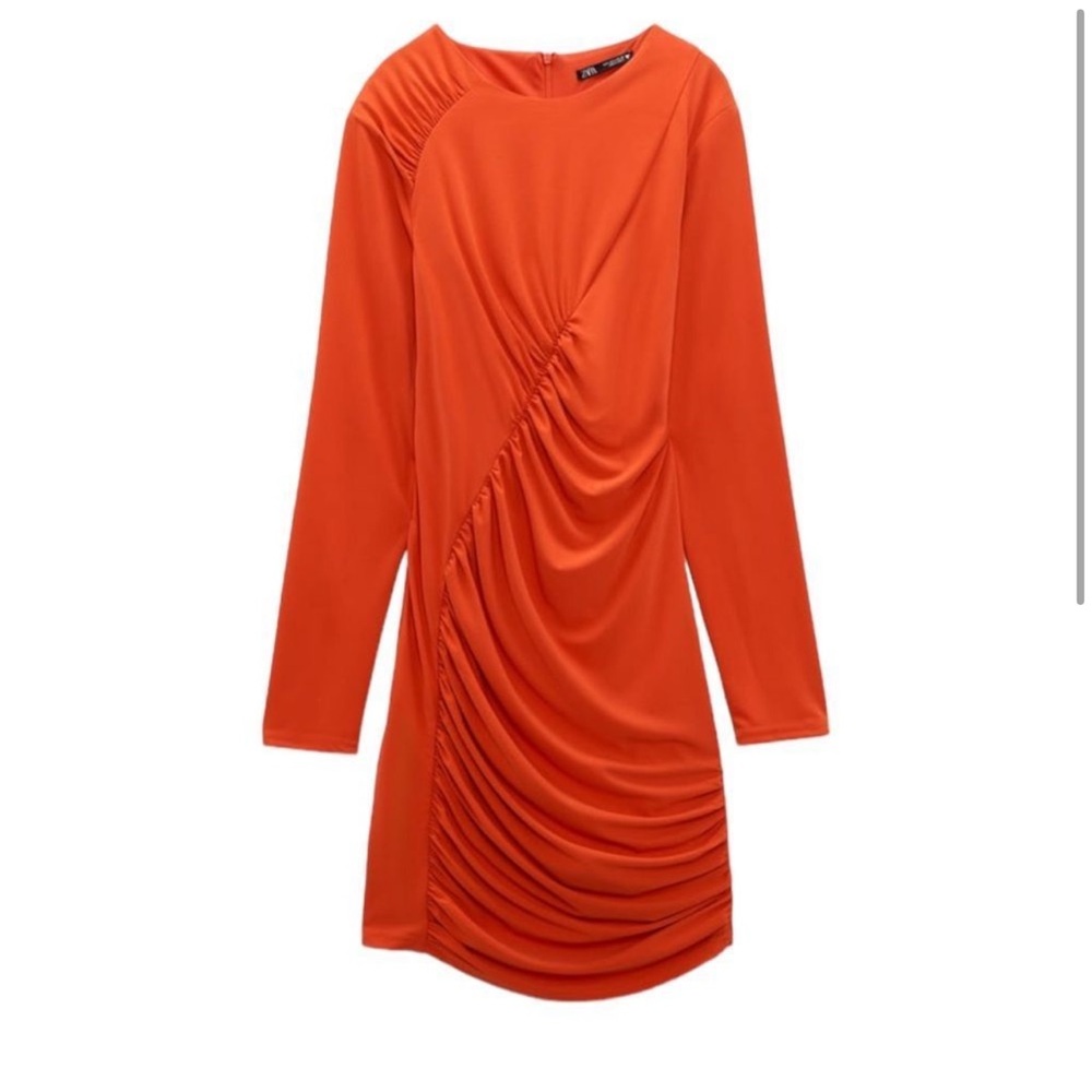 Zara red orange ruched long sleeve dress